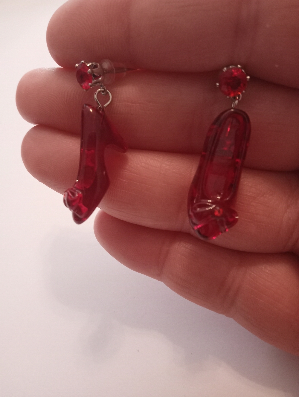 Ruby red slipper (acrylic), articulated, rhinestone earrings